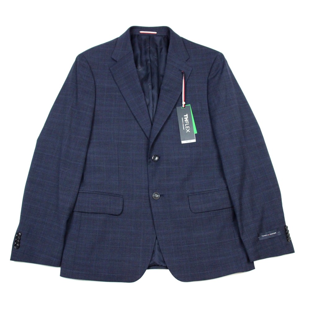 Tommy Hilfiger Sport Coat 38S Mens Modern Fit Navy Plaid Wool Flex Blazer Jacket
